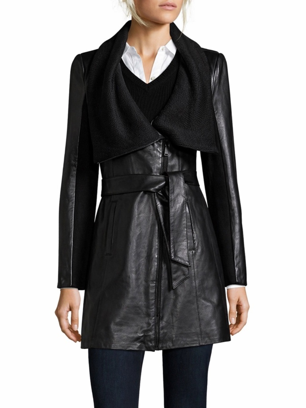 Elie Tahari Black Leather Belted Coat | Knit Collar Moto Style | Size XS